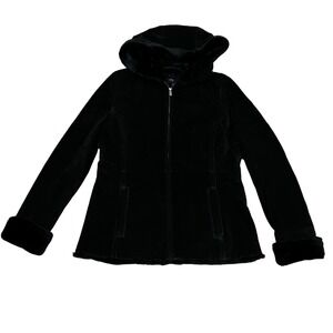 Sonoma Life + Style Womens Black Suede Leather Faux Fur Hooded Jacket M Cozy